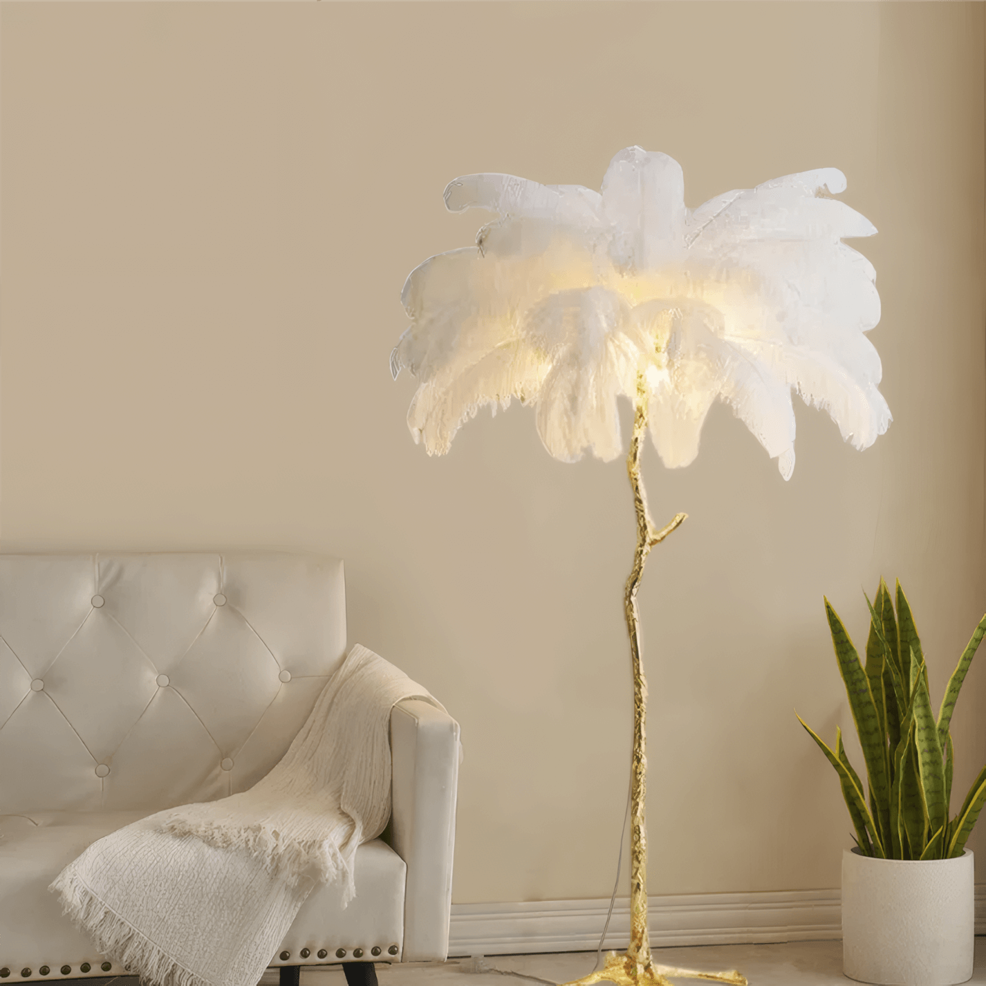 Art Deco White Feather Floor Lamp for Living Room